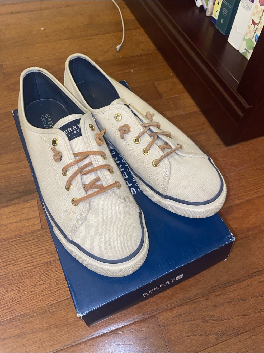 Sperry Cream Canvas Boat-Style Sneakers with Navy Trim
